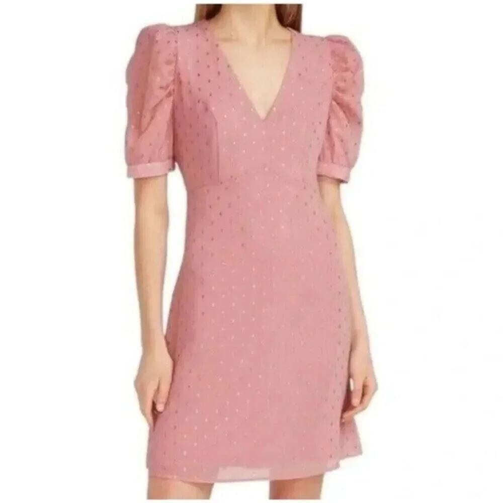Express Metallic Clip Dot Puff Sleeves Fit & Flare Pink Mini Dress Size XS - Picture 2 of 4